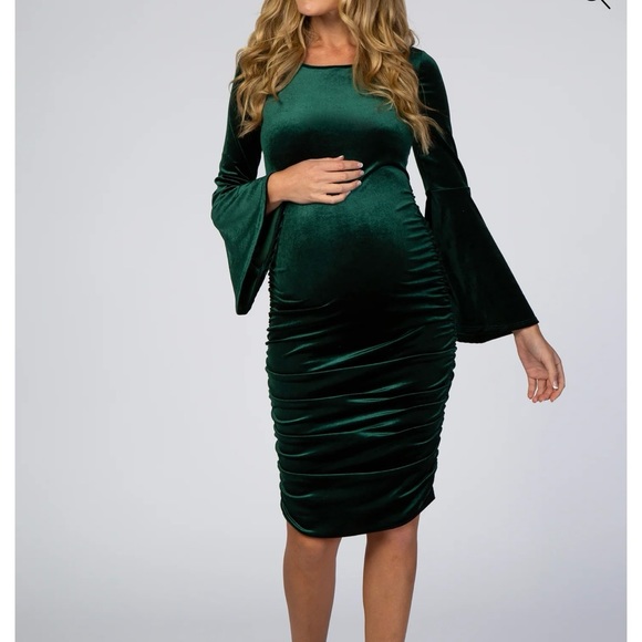 Forest Green Velvet Ruched Bell Sleeve Maternity Dress - Picture 2 of 7